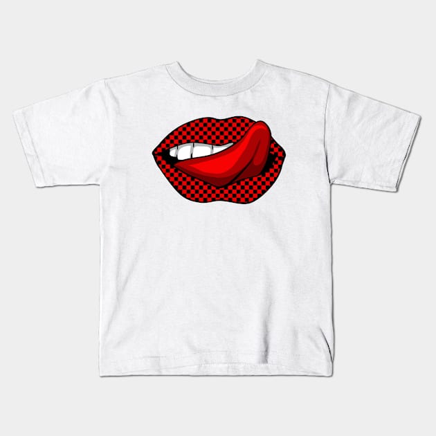 Artistic Abstract  Black and Red Checkerboard Pattern Lips  with Red Tongue - by Iskybibblle Kids T-Shirt by iskybibblle